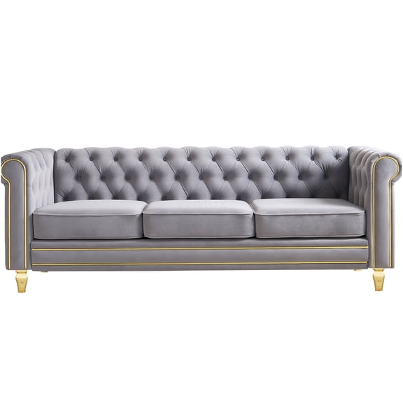 Modern Chesterfield Velvet Sofa 84.65" Light Grey for Living Room, Rolled Arm Couch with Gold Trim and Button Tufting
