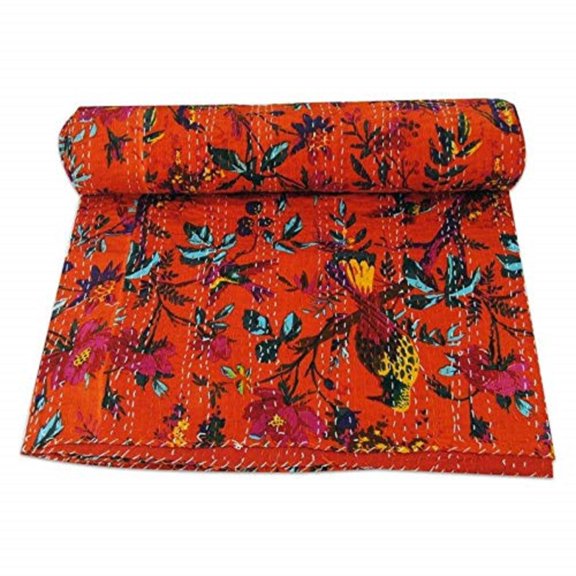 Indian Bird Print Quilt Queen Kantha Quilts Kantha Throw Kantha Bedspread Blanket Cotton Bed Cover Quilt Boho Kantha Quilts Bedspread