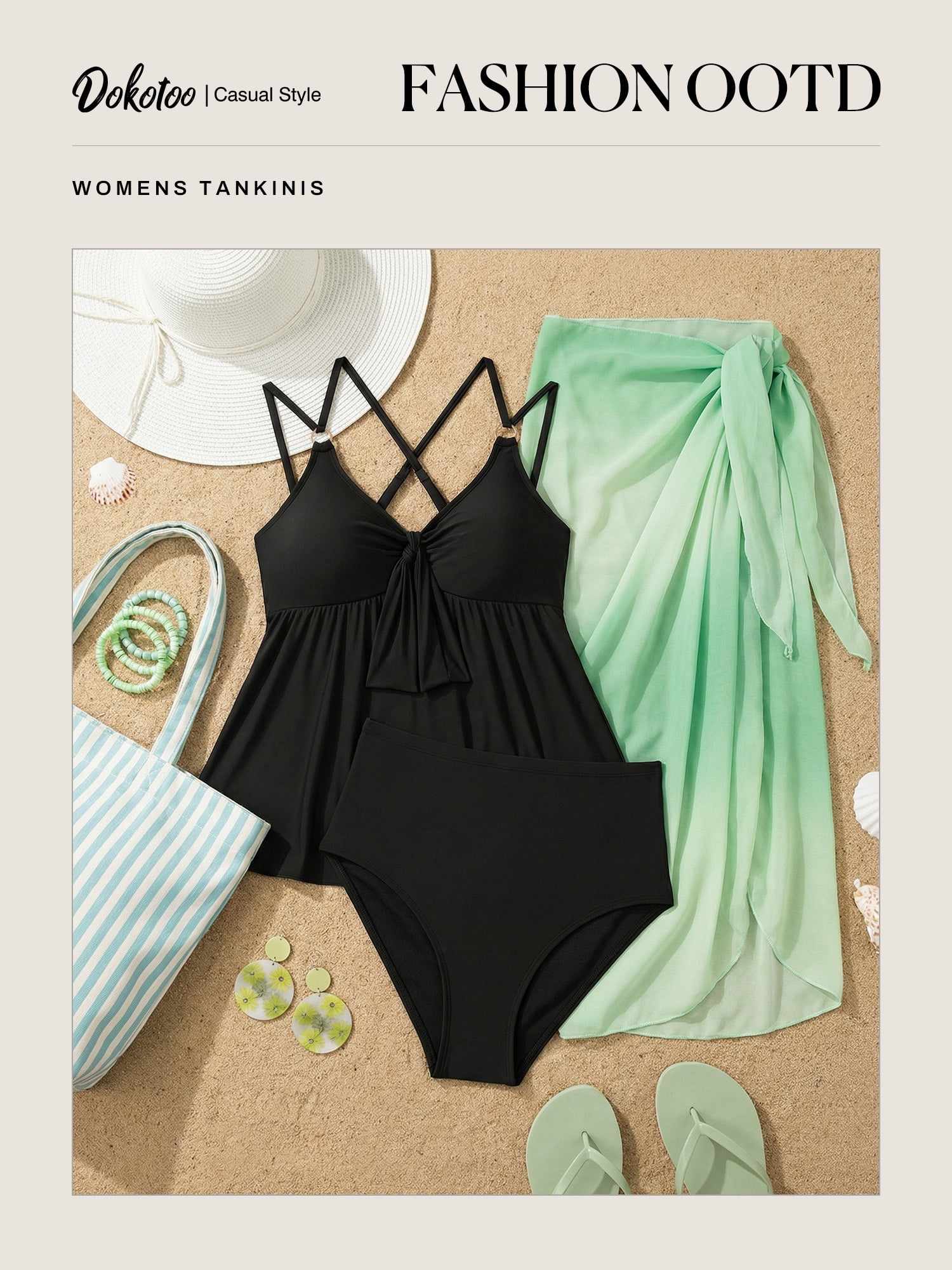 DOKOTOO Womens Tankini Sets V Neck Push Up Swim Top with Swim Bottom Flowy Tummy Control High Waisted Bathing Suits Black L US12-14