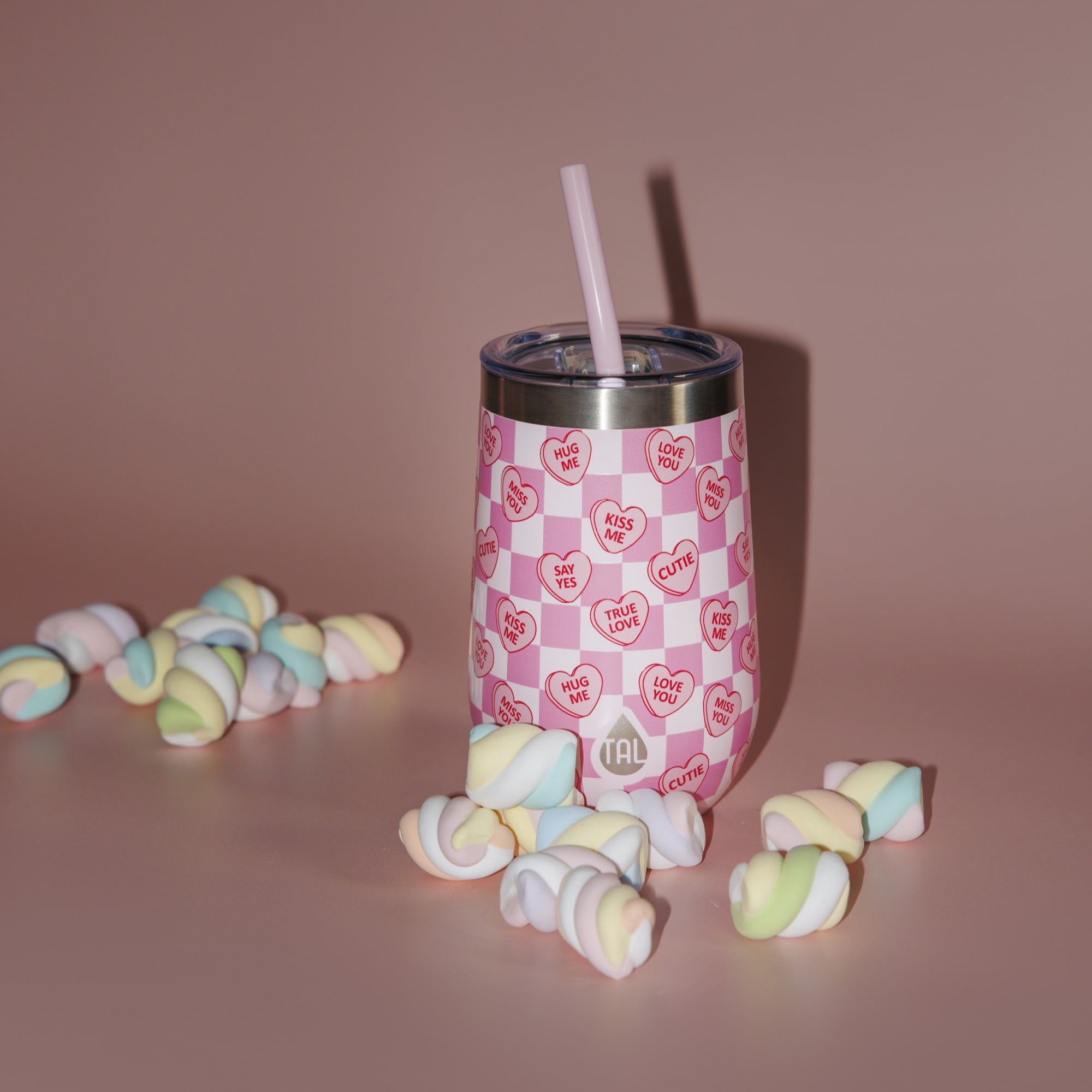 TAL 16oz Stainless Steel Wine Tumbler with Straw, Candy Hearts