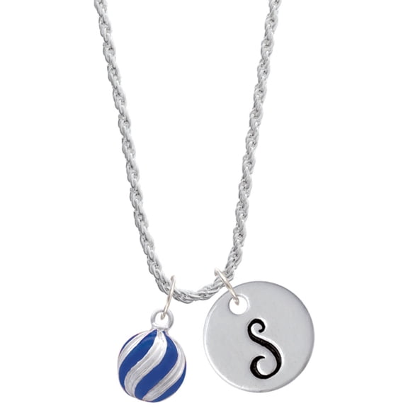 Delight Jewelry Silvertone 3-D Blue Striped Ornament Silvertone Script Initial Disc - S - Charm Necklace, 20"+3"