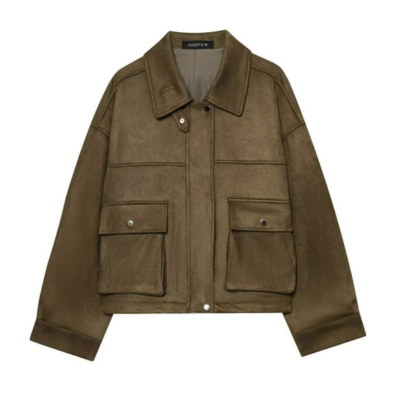Perfectbot Women's Vintage Cropped Jacket, Loose Lapel Button Down Outerwear with Pockets, Fall Winter Coat