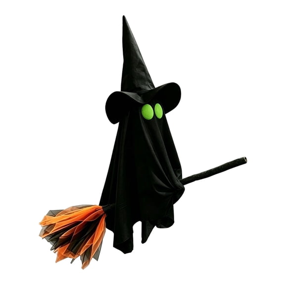 2026 New 28" Hanging Flying Ghost on Witch Broom, Halloween Outdoor Decorations for Porch, Patio, Lawn & Yard, Spooky Haunted House Prop (Black)