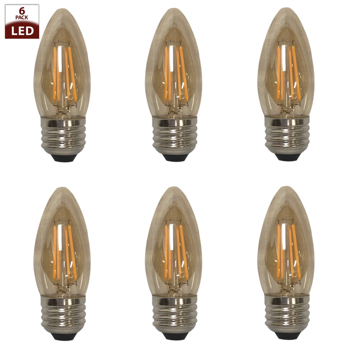 Royal Designs Decorative Tinted Indoor or Outdoor Candle Shape C35 Edison E26 Medium Base Dimmable LED Light Bulbs, 6 Pack