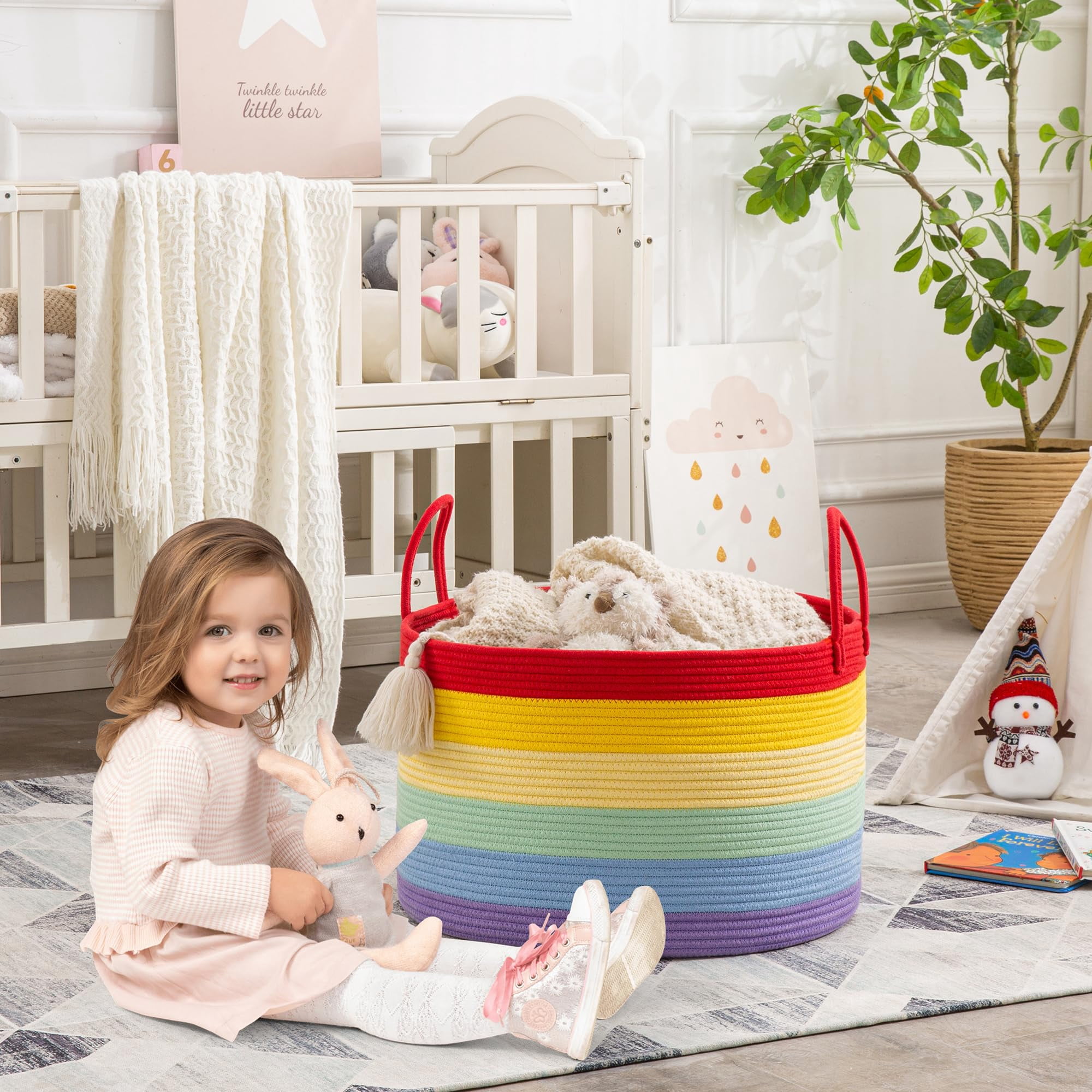 Large Blanket Basket (20"x13"),Woven Baskets for storage Baby Laundry Hamper, Cotton Rope Blanket Basket