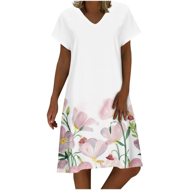 Vestidos casuales de verano para mujer Vestido suelto de manga corta con estampado floral de playa con cuello en V para mujer Pompotops ghjkhdj13442