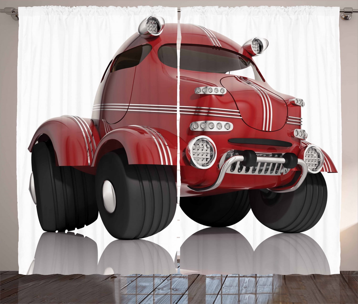 Cars Curtains 2 Panels Set, Realistic 3D Style Car Kids Toy Traffic Transport Technology