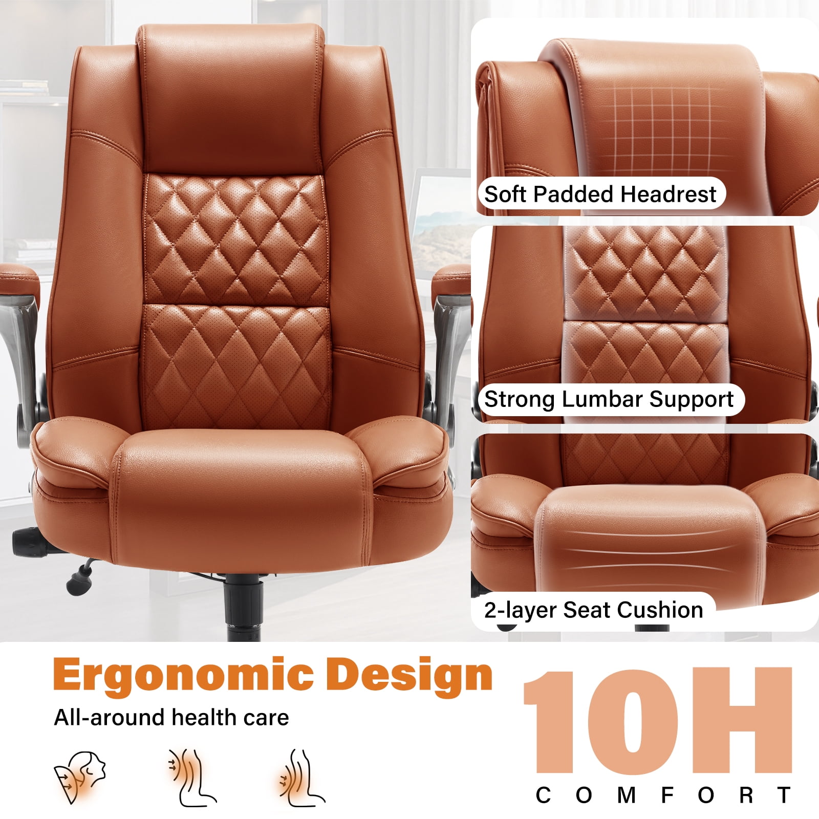 High Back Office Chair with Lumbar Support, Large Upholstered Executive Desk Chair, Faux Leather Computer Chair with Flip-up Arms, Rubber Wheels
