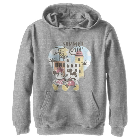 Boy's Mickey & Friends Mickey and Minnie Summer Lovin  Pull Over Hoodie Athletic Heather Small