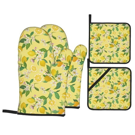 

Oven Mitts and Pot Holders Sets 4 pcs - Cute Lemon Purple Flowers Heat Resistant Silicone Oven Gloves with Non-Slip Silicone Surface and hot pads for kitchen Baking Cooking BBQ