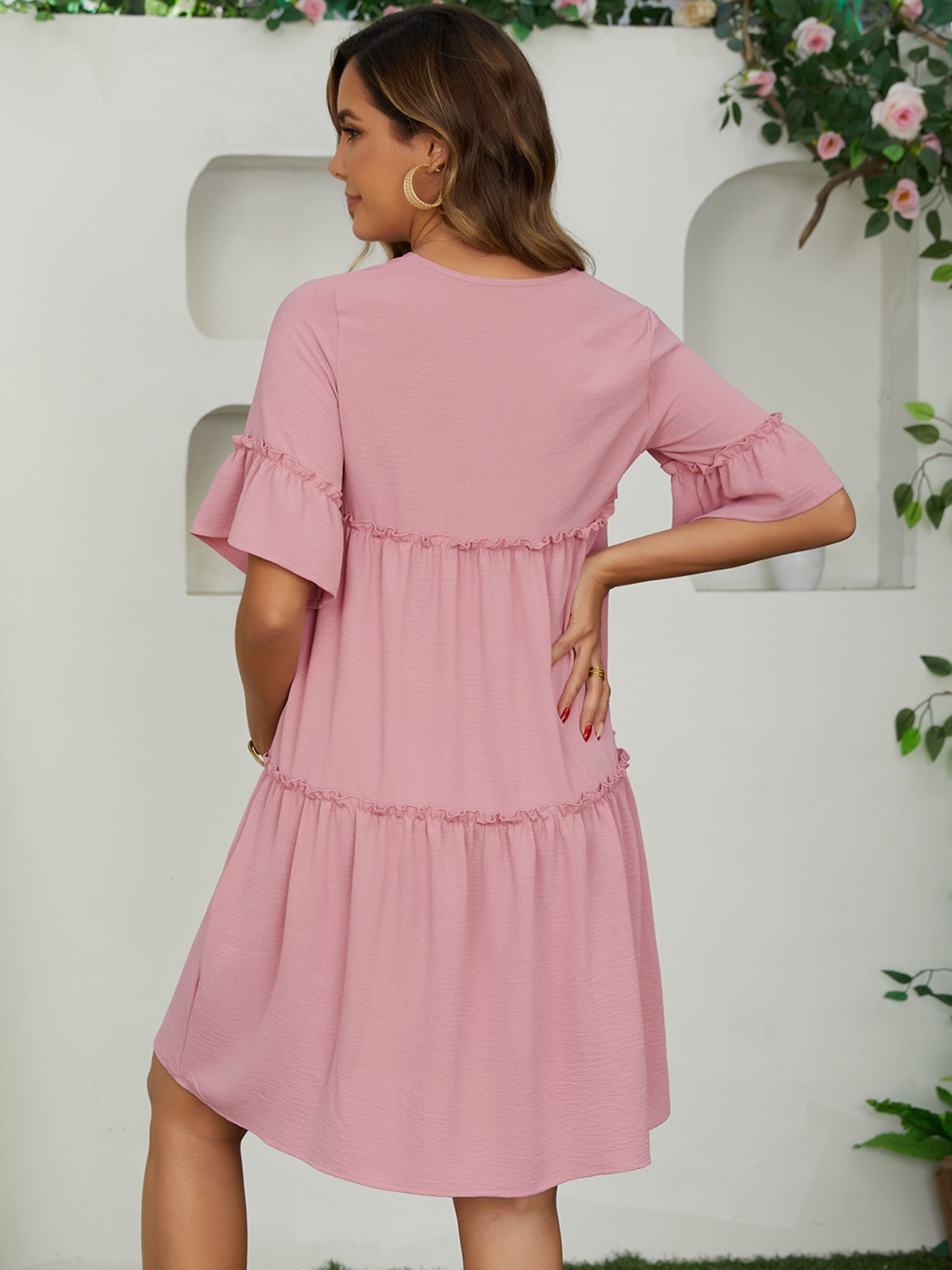 DARING DIVA Women's Maternity Ruffled Short Sleeve Tiered Fit Babydoll Dress XL Pink