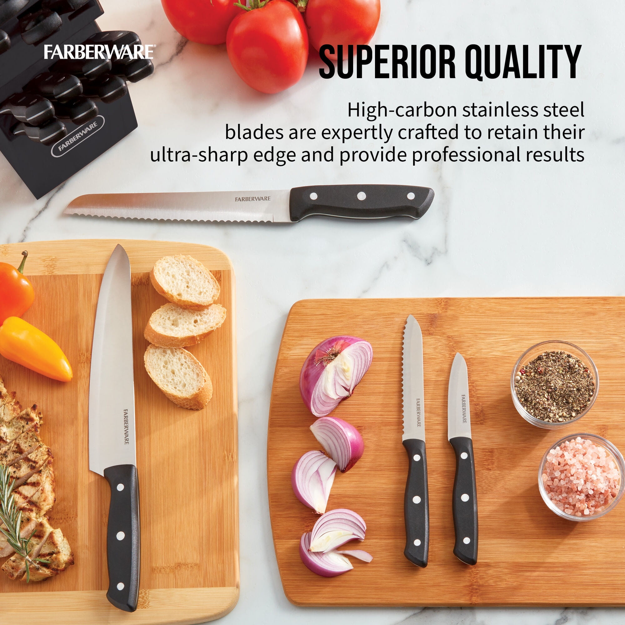 Farberware 20-Piece Triple Riveted Cutlery Knife Block Set with Kitchen Shears, Black