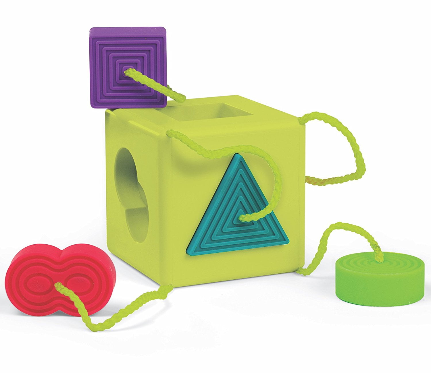 Oombee Cube, Shapesorting cube with 6 rubbery shapes tethered to its