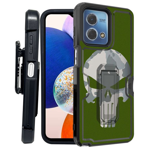 ANJ  Rugged Shockproof Kickstand Hybrid Case with Card Slot and Holster   Tempered Glass Cover for Motorola Moto G Stylus 5G (2023) - Army Green Skull