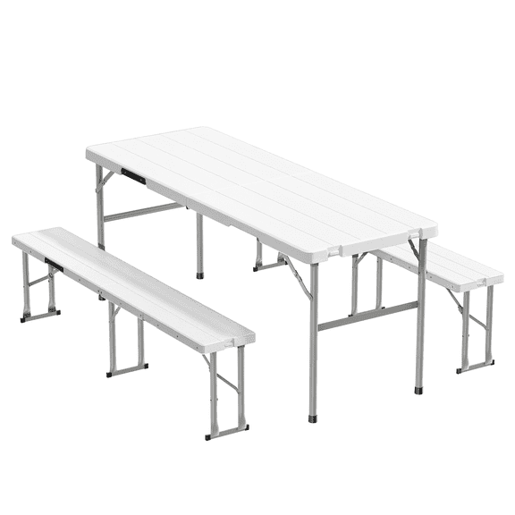 Fenbeli 6 FT Folding Picnic Table with 2 Benches, 660 lb Foldable Portable Picnic Set, 70 in Wood Grain HDPE Plastic Top, Steel Frame, Seats 4, Outdoor Camping Dining Table for Patio, Party, BBQ
