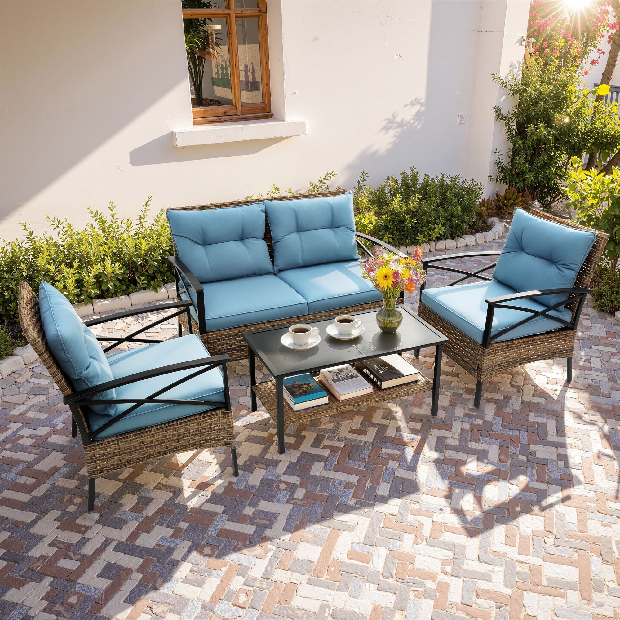 enyopro 4-Piece Outdoor Sectional Sofa Set, PE Rattan Conversation Set with Arm Chairs, Tea Table and Cushions, All-Weather Cushioned Sofa Furniture Set for Backyard Patio Porch Garden Poolside, K3026