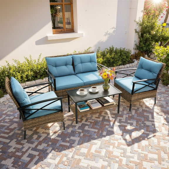 Patio Sofa Set, 4 Pieces Outdoor Sectional Furniture, All-Weather PE Rattan Wicker Patio Conversation Set, Cushioned Sofa Set with Coffee Table for Patio Garden Poolside Deck