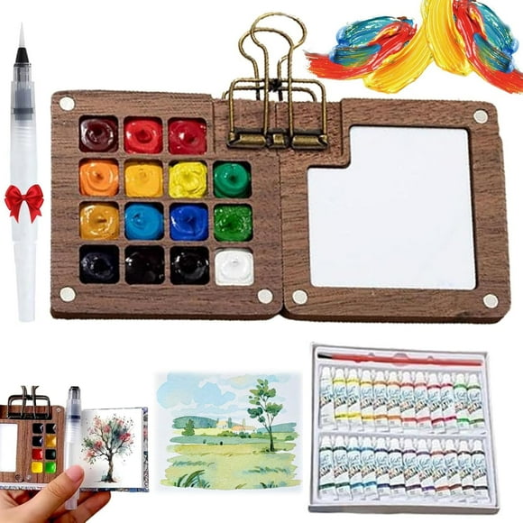 Set de Acuarelas Mini de Viaje Anna's 24 Colores con Paleta de Nogal