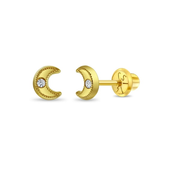 14k Gold Bezel Moon Clear CZ Baby / Toddler / Kids Earrings Safety Screw Back