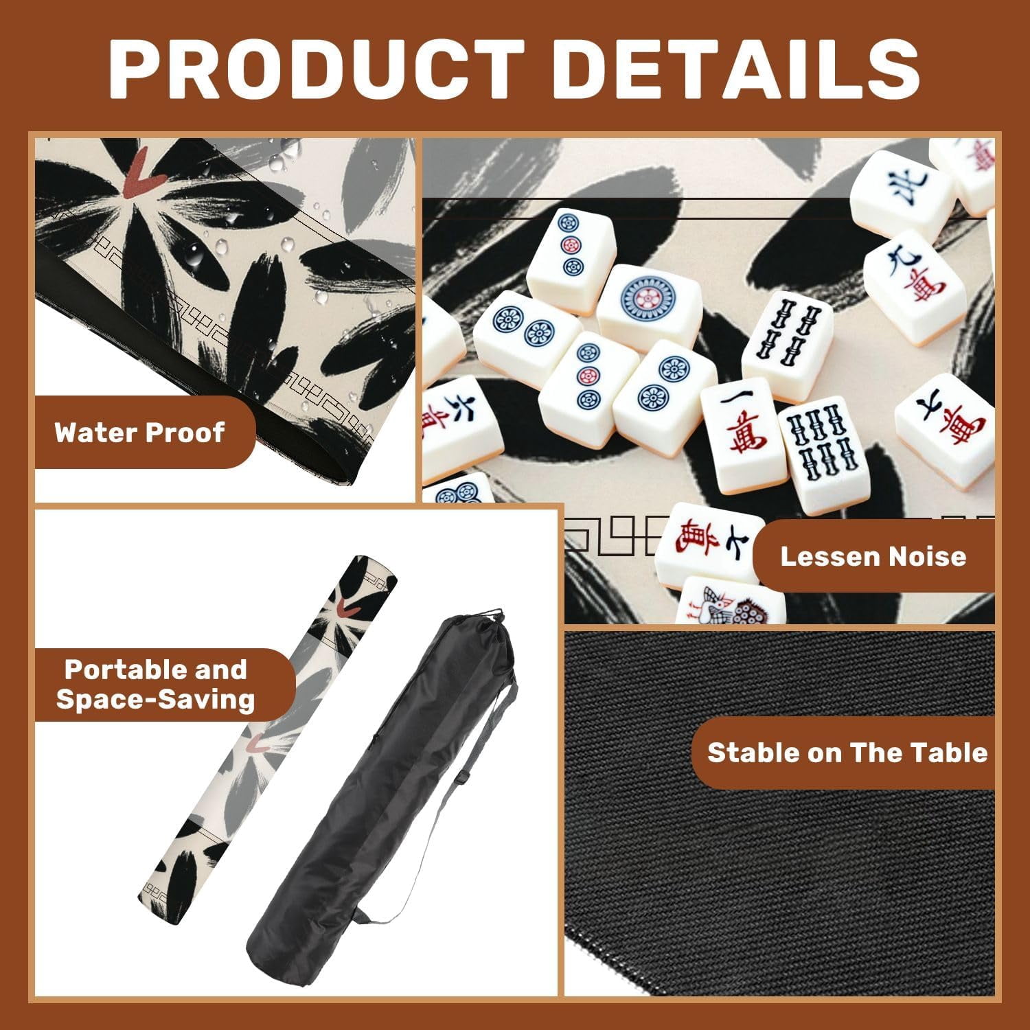 Mahjong Mat 31.5" x 31.5" Floral Brush Strokes Seamless Design for Fashion Textiles Graphics Non-Slip Noise Reduction Mahjong Tiles Table Cover for Dominoes Poker Card Board and Tile Games