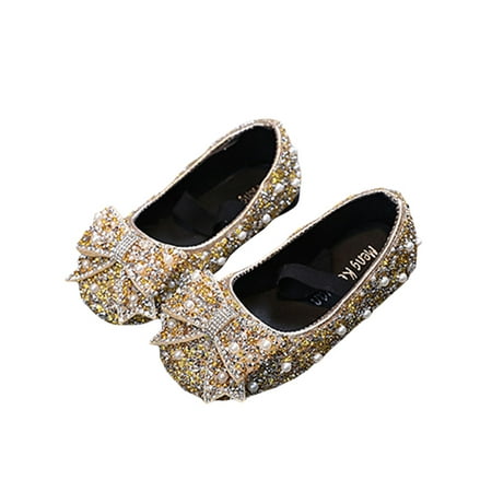 

Girls Gorgeous Princess Shoes PU Leather Bow Shiny Pearled Sequin Non-slip Flat Shoes Kids Shoes for Birthday Gift Party Size 21-29