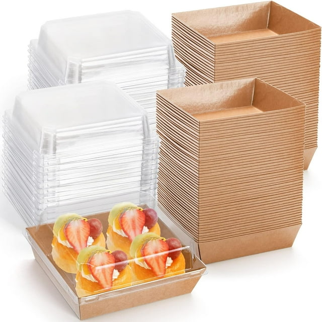 GFDYREE 100 Pack Charcuterie Boxes with Clear Lids, 5.5"×4.9"×2.4" Paper Bakery Dessert Sandwich Box, Disposable Square Food Containers for Cookies, Donuts, Muffins, Salad, and Pastry, Bro