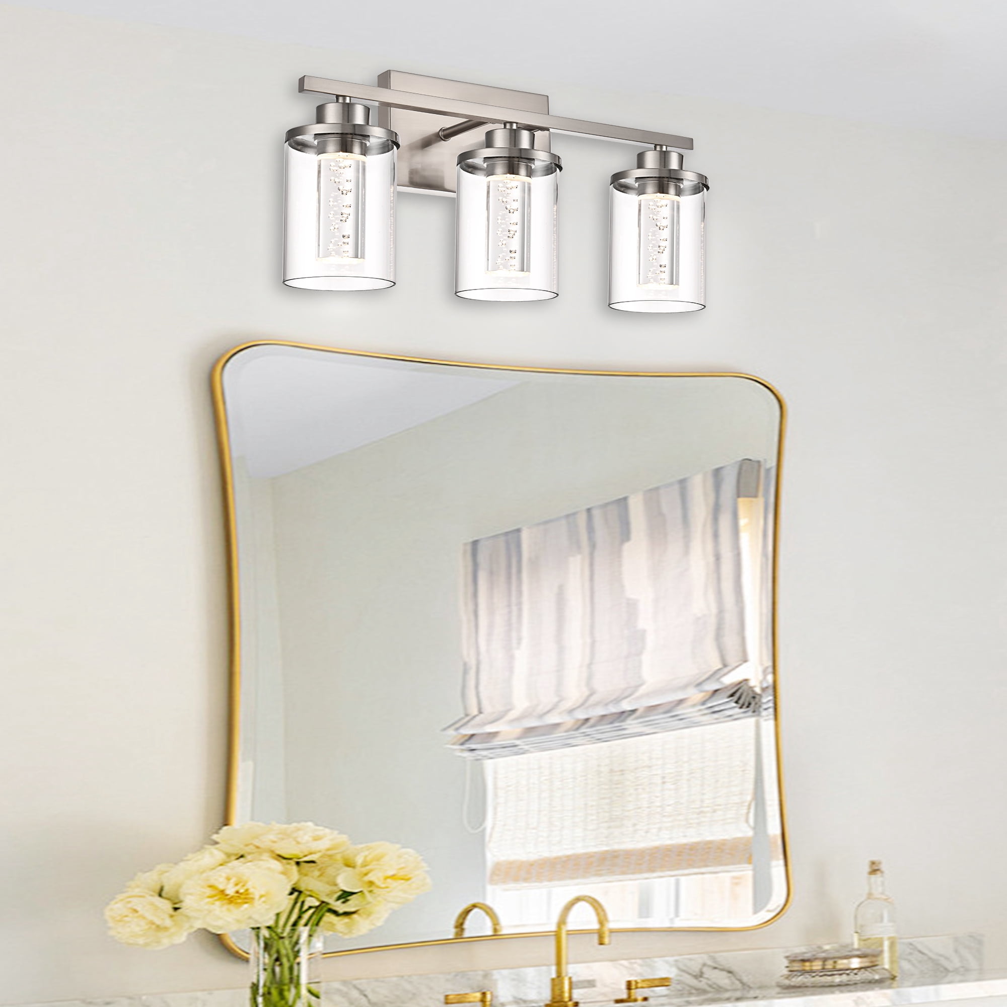 Melucee 5CCT Dimmable LED Brushed Nickel Vanity Lights 3-light, Modern Vanity Lighting Fixtures with Crystal Light Columns and Clear Glass for Bathroom Bedroom
