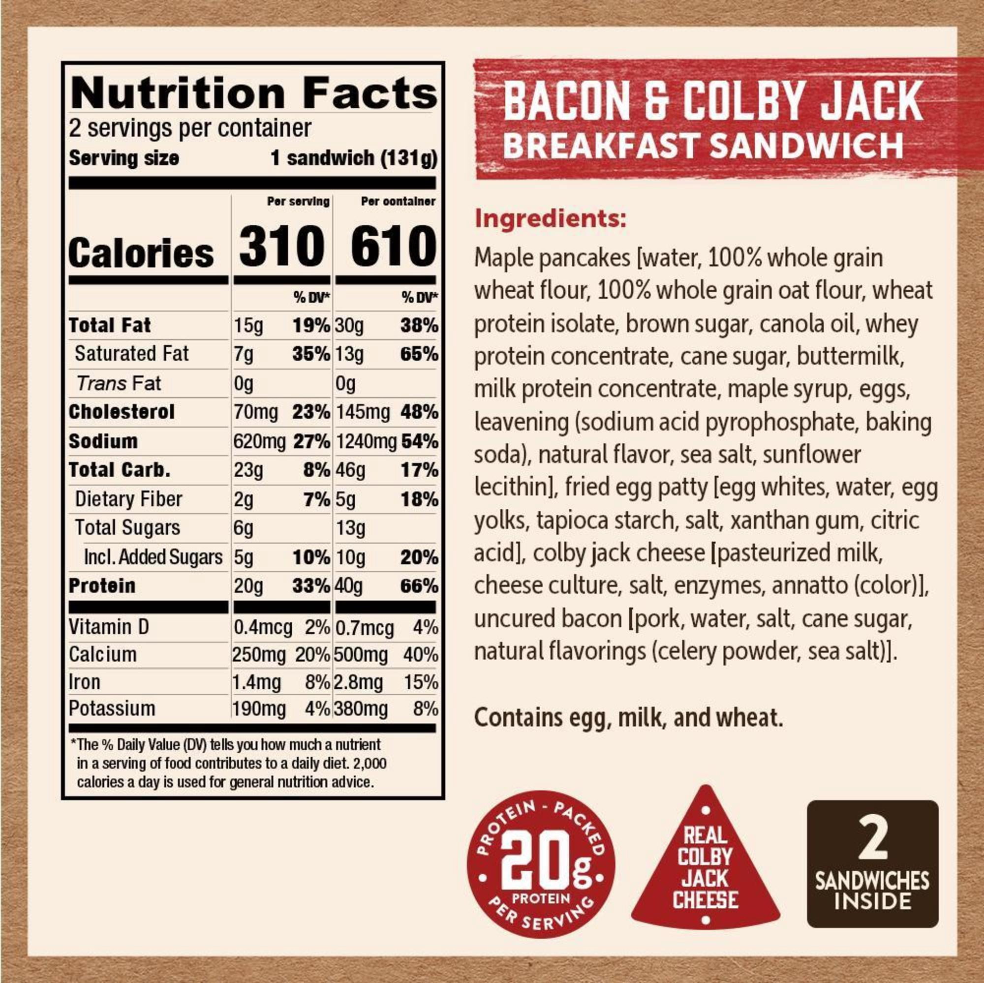 Kodiak Protein-Packed Frozen Breakfast Sandwiches, Bacon and Colby Jack, 2 Count, 9.24 oz