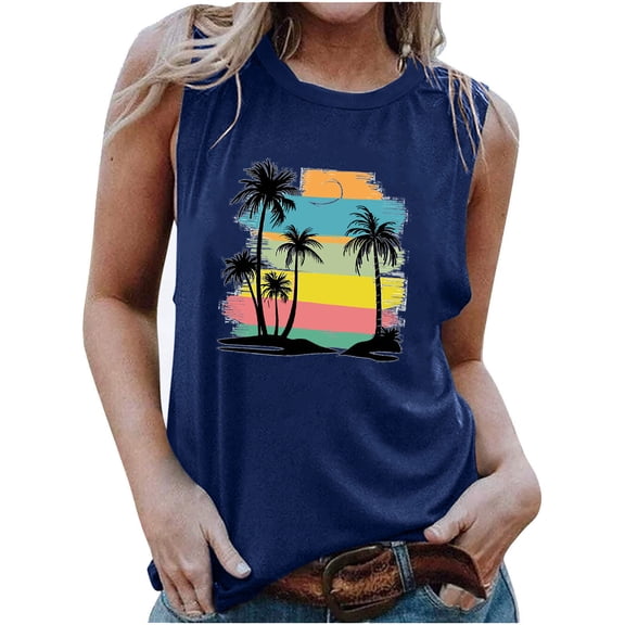 Penkiiy Hawaiian Tank Tops for Women Beach Coconut Tree Graphic Tank Tops Sleeveless Casual Loose Workout Tees XL Navy