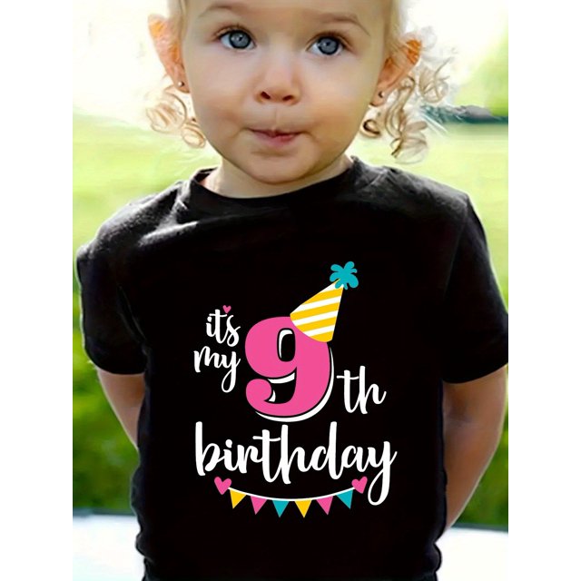 Girls 9th Birthday T-Shirt, Casual Style, White Round Neck Top With Letter Graphics, Summer Tee For Girls, Kid's Clothing