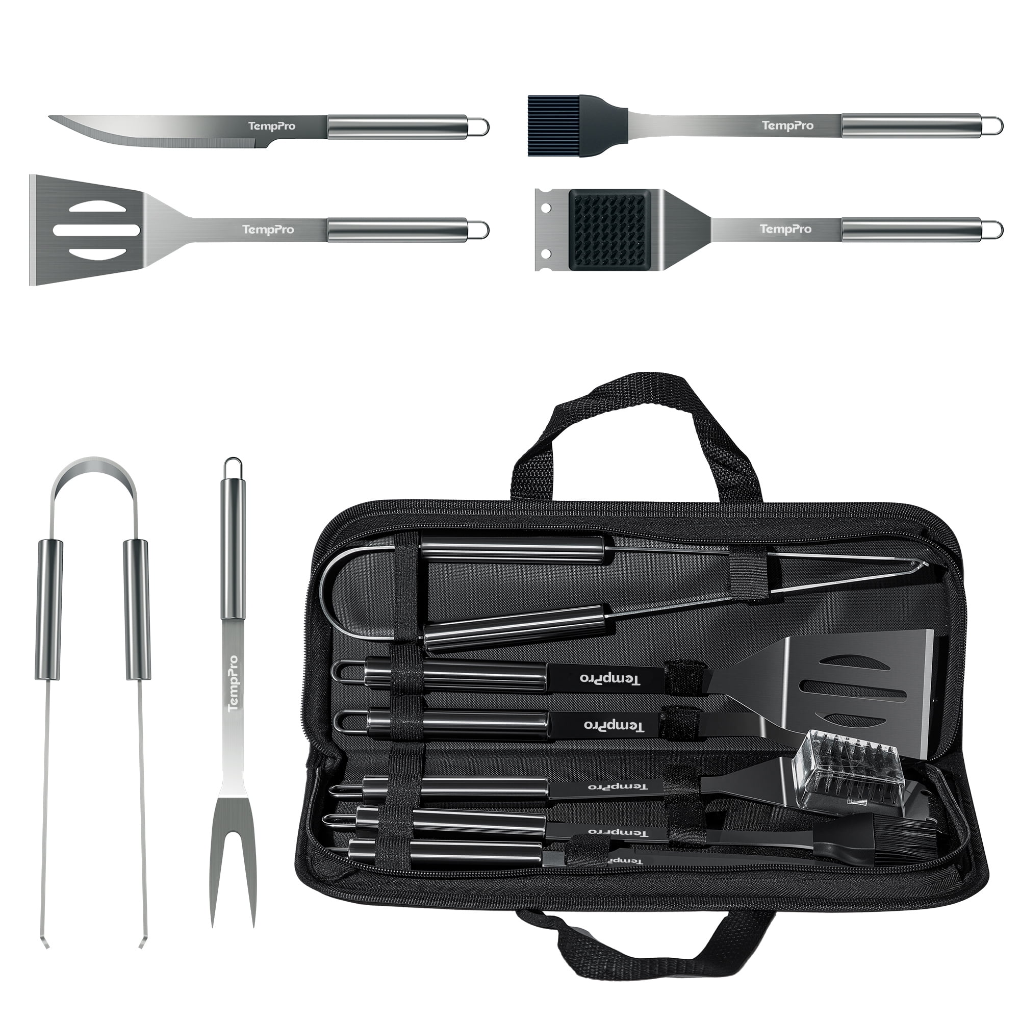 TempPro BBQ Grill Tool Set, 6-Piece Stainless Steel Grilling Accessories with Spatula, Tongs, Fork, Knife, Basting Brush, Cleaning Brush and Portable Storage Bag (Formerly ThermoPro)