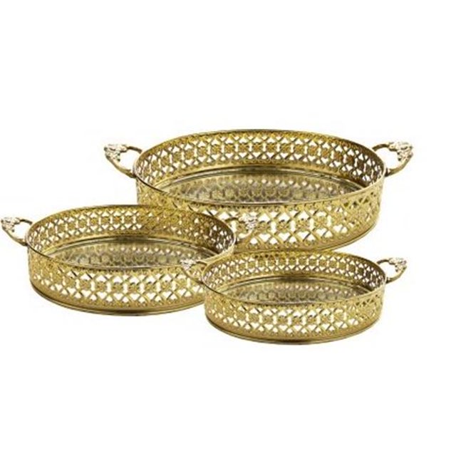 Plateaux Miroirs Ronds Dorés avec Poignées, Ensemble de 3