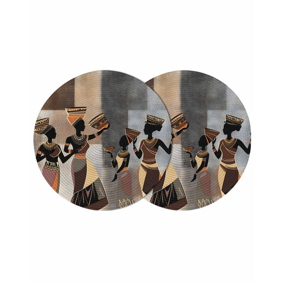 Black Brown Girls Boho Round 13 Inch Placemats Set of 2, Grey Vintage Ethnic Abstract Art HeatResistant Non Slip Place Mats for Dining Table, Wipeable Braided Kitchen Table Mats for Housewarming