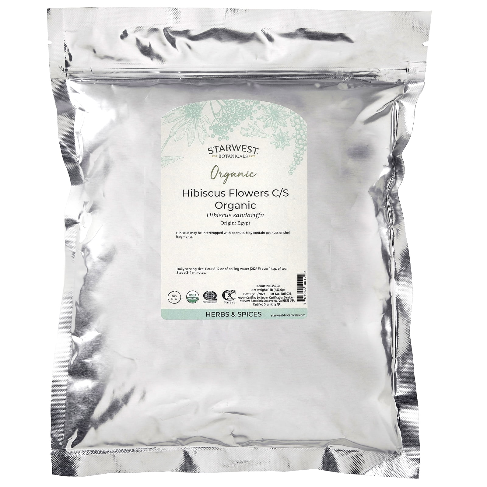 Starwest Botanicals Organic Hibiscus Flowers, Cut & Sifted, 1 lb (453.6 g)