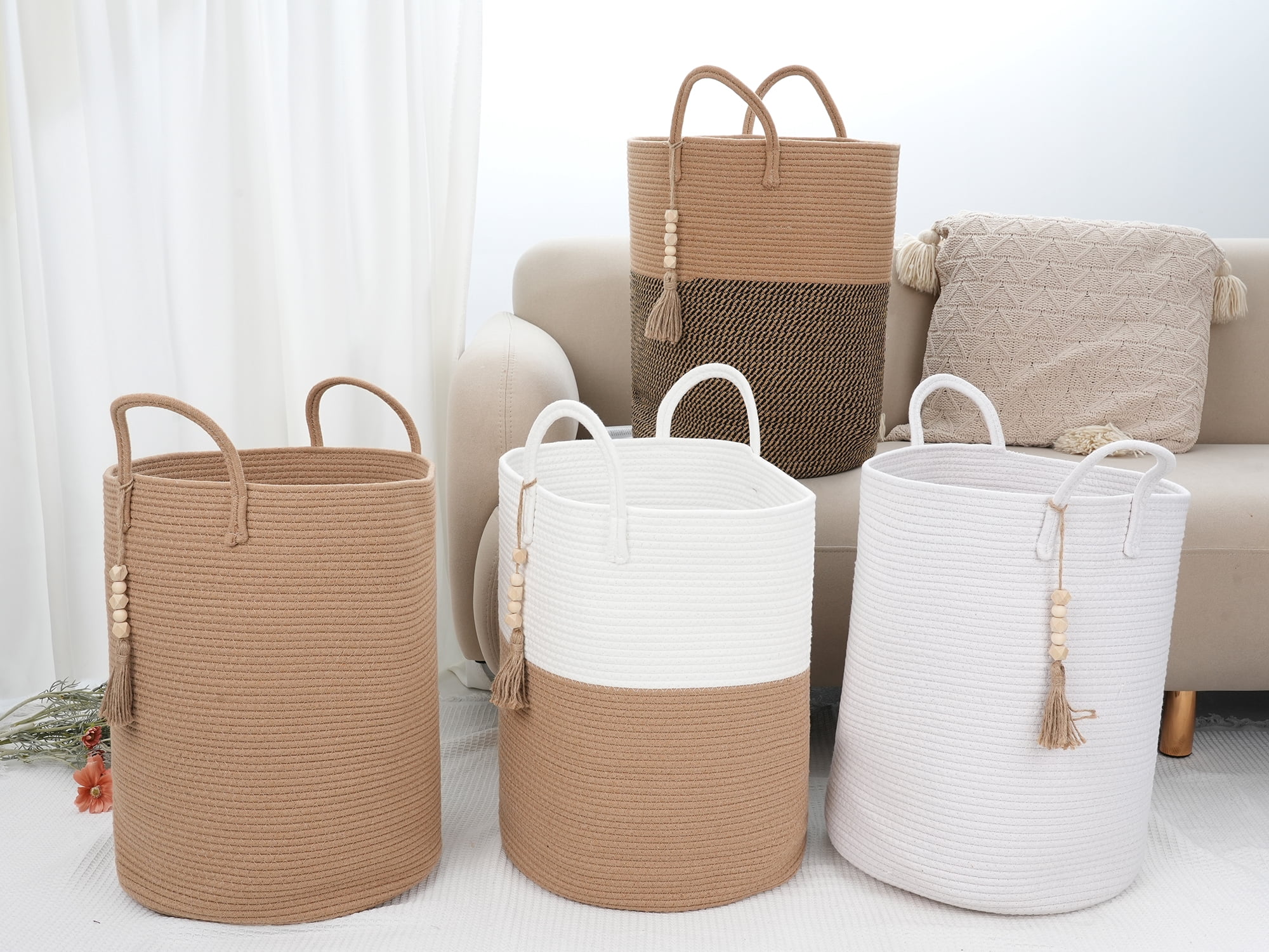 Unique Bargains Woven Storage Bin with Handle and Tassel Beads Storage Basket White