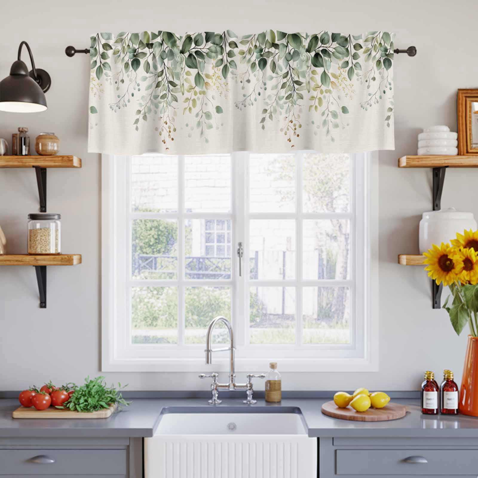 2 Pack Eucalyptus Leaf Valance for Window Country Plant Linen Texture Kitchen Valance Rod Pocket Short Curtain Topper Decorative Window Treatment for Living Room Bedroom 42"x18"