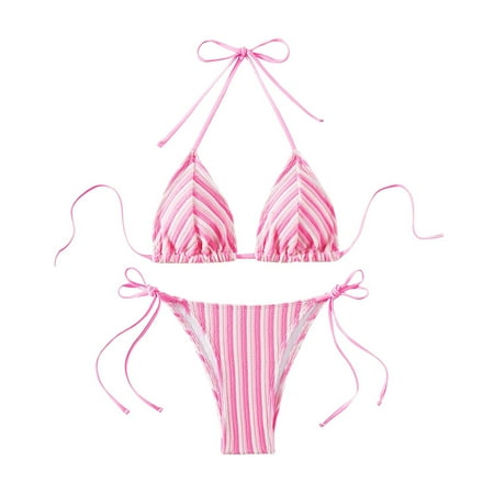 UTSJKR Women s Striped Printed Bathing Suit Colorblock Textured Pattern Striped Swimsuit Bikini Set Tie Side Triangle Swimsuit Pink L