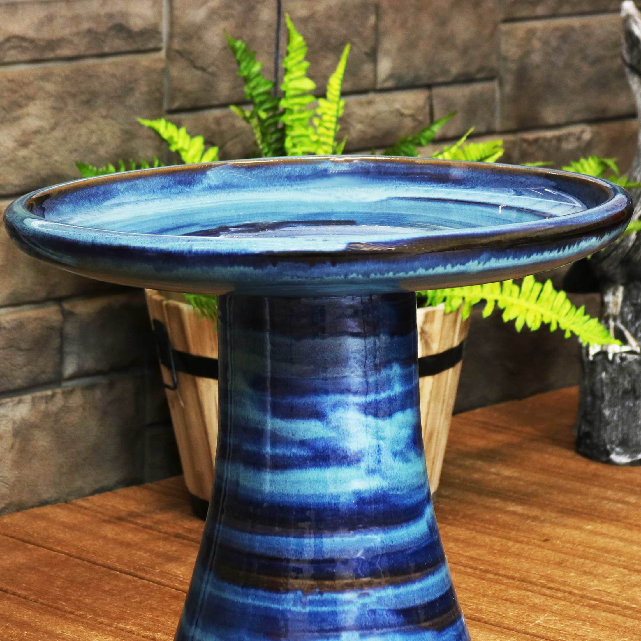 Sunnydaze Duo-Tone Freestanding Ceramic Outdoor Bird Bath, UV-Resistant Galaxy Blue Finish