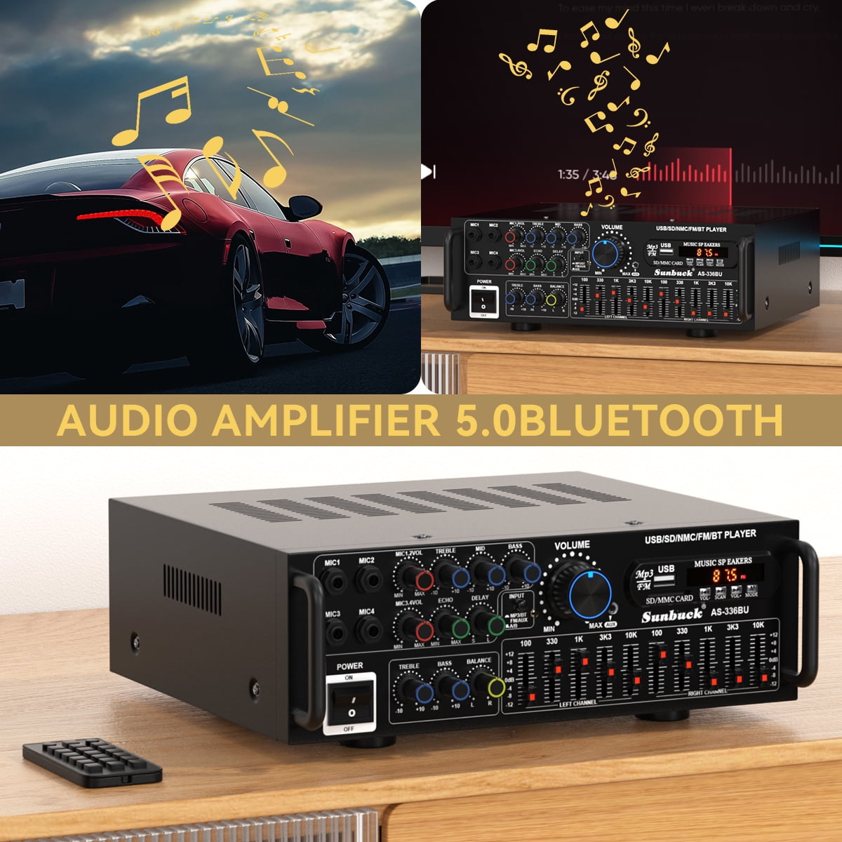 Stereo Receivers with Bluetooth 5.0 HiFi Sunbuck 2000W Stereo Power Amplifier Karaoke FM USB SD AUX Remote, Home Theater Audio Stereo System Components, Receiver for Speaker