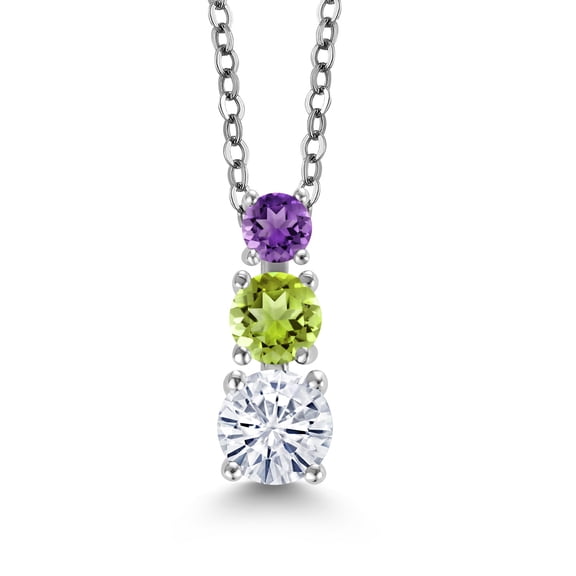 Gem Stone King White Moissanite Green Peridot Purple Amethyst 3 Stone Pendant Necklace for Women (0.90 cttw, Gemstone Birthstone, Round 5MM, 4MM and 3MM, with 18 inch Chain)