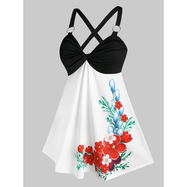 Tallas de tuerca delantera de impresión floral de talla grande. Rosegal Camisetas sin mangas de talla grande