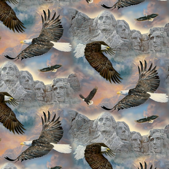 David Textiles American Patriotic Eagle Soaring Over Mount Rushmore Multicolor 100% Cotton Fabric by The Yard