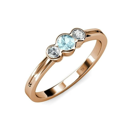 

Aquamarine and Diamond (SI2-I1 G-H) Three Stone Ring 0.53 ct tw in 14K Rose Gold.size 4.5