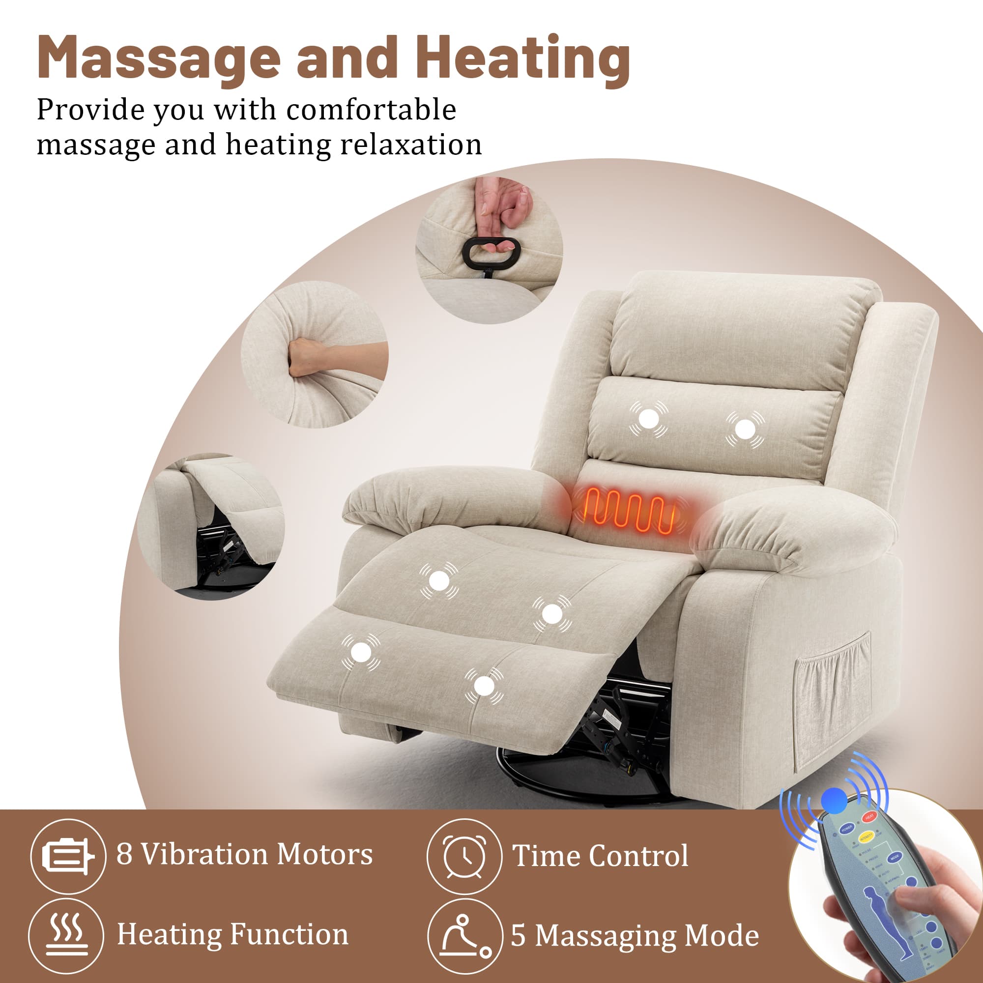 Korser Oversized Swivel Rocker Recliner Chair with Massage and Heating for Living Room,Beige