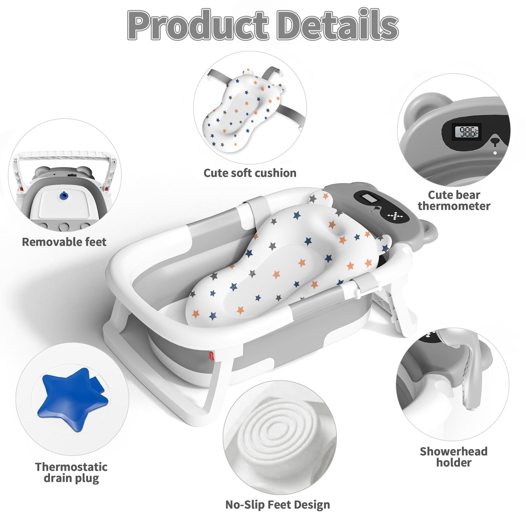 Babyomi Baby Bathtub with Durable Bath Tub and Cute Bear Thermometer, Soft Detachable Cushion No-Slip Hanging and Shower Hat, Foldable Bathtub for Newborn to Toddler, Grey