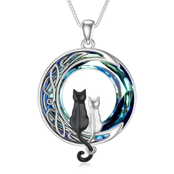 WINNICACA 925 Sterling Silver 2 Cats on the Moon Necklace with Blue Crystal Cat Lover Black Cat Birthday Anniversary Valentines Mothers Day Gifts for Women