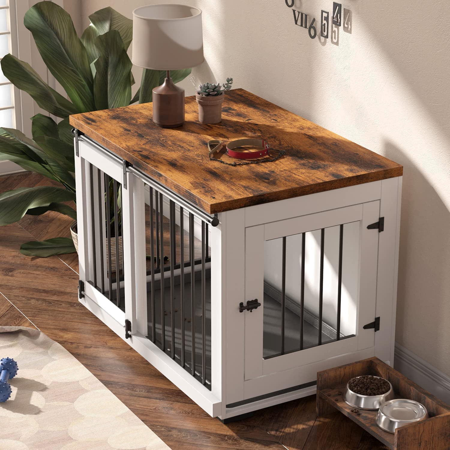 Dog Crate Furniture for Large Dogs Up to 60 lbs. - Barn Door Puppy Kennel w/Thickened Farmhouse Top & Metal Bars - 37'' Wide - White Decorative Modern Dog Crate Table, End Table, Nightstand