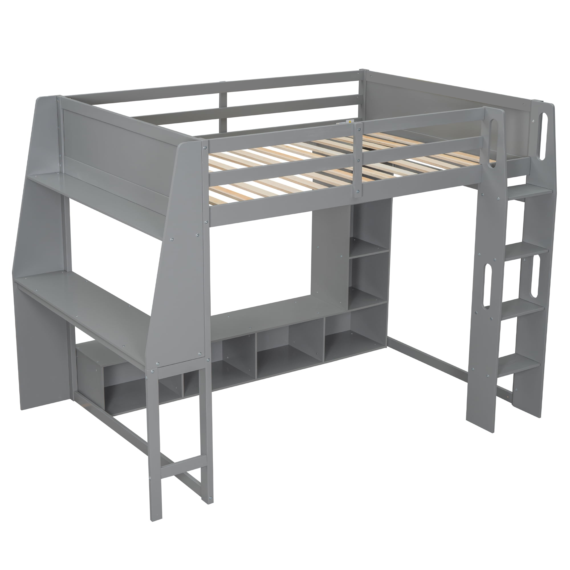 Euroco Wood Full Size Loft Bed with Desk and Shelves, Gaming Bed with LED Light and Clothes Rack for Kids Teens, Gray