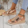 thumbnail image 5 of YgkuHd Women's Casual Wedge Sandals Glossy Metallic Faux Leather Upper Open Toe Woven Espadrille Sole Slide Style Gold,7, 5 of 9