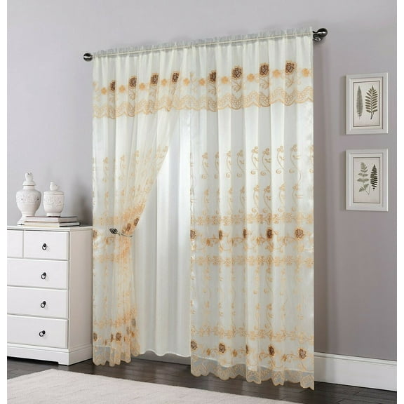 2 Layers Voile Sheer Embroidered Rod Pocket Window Curtain Panel and Valance